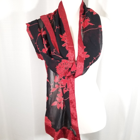 kavita Accessories - Kavita 2 black and Red Rectangular floral Scarf.